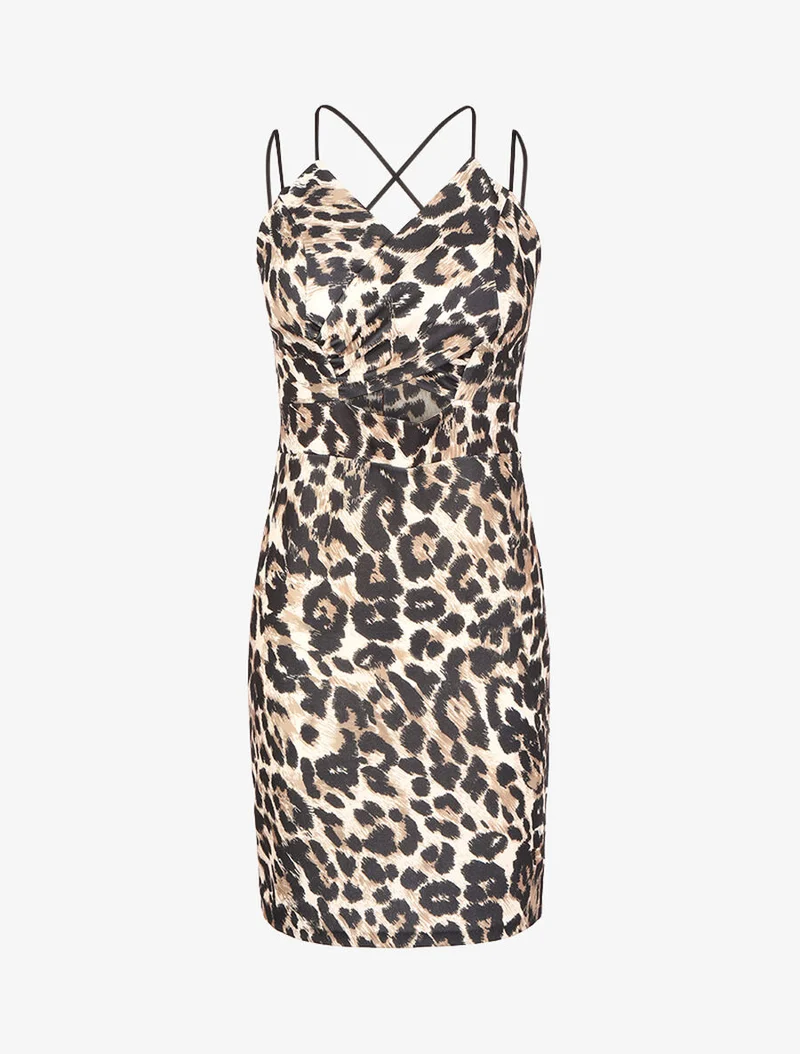 Robe à ventre ajouré et imprimé animal - Beige