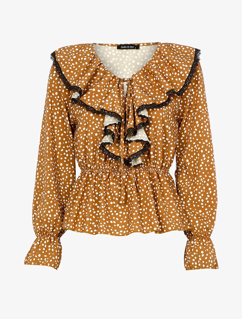 Blouse à jabot imprimé à pois - Camel