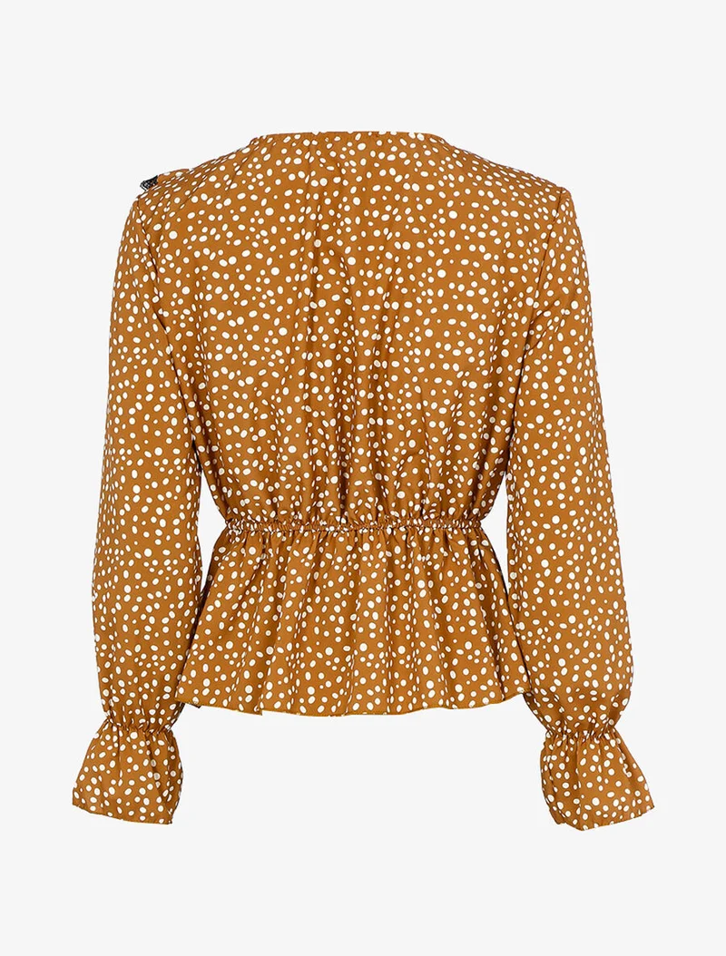 Blouse à jabot imprimé à pois - Camel