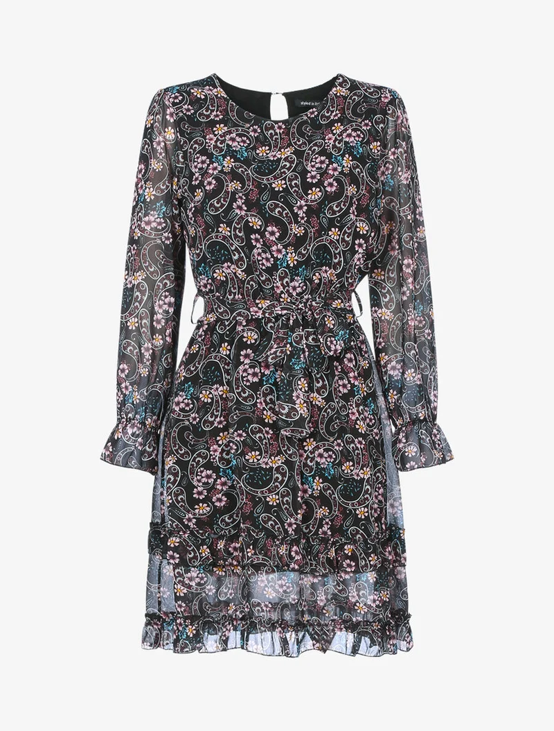 Robe volantée à imprimé fleuri - Noir