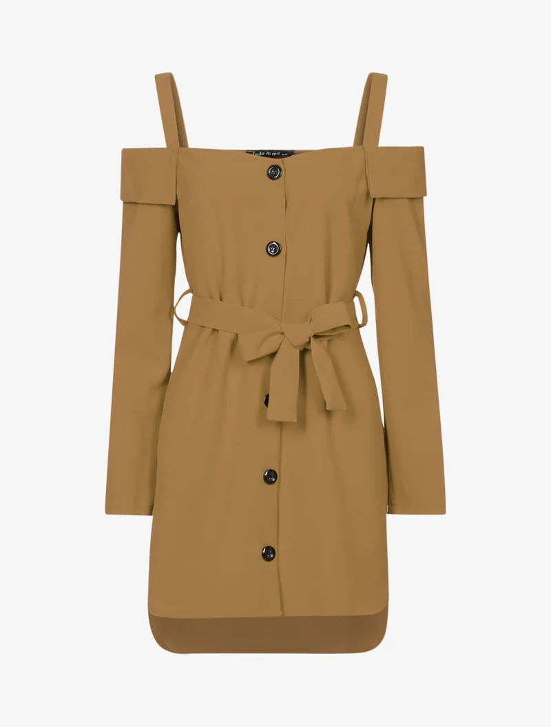 Robe asymétique à épaules nues à revers - Marron