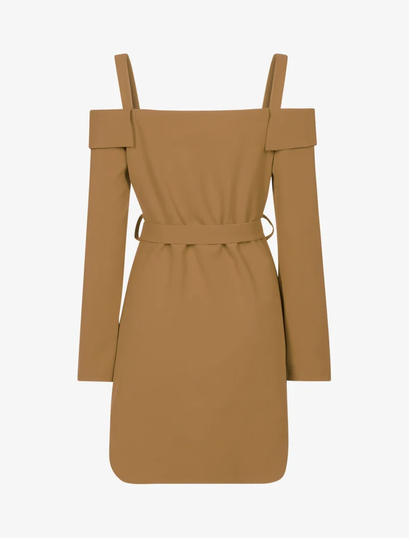 Robe asymétique à épaules nues à revers - Marron