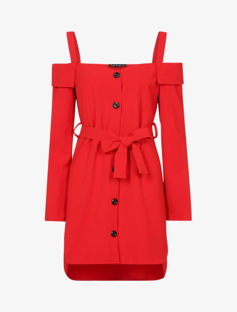 Robe asymétique à épaules nues à revers - Rouge