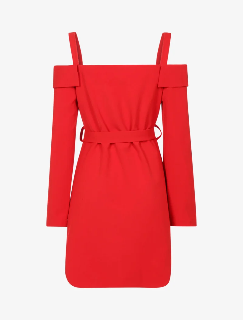 Robe asymétique à épaules nues à revers - Rouge