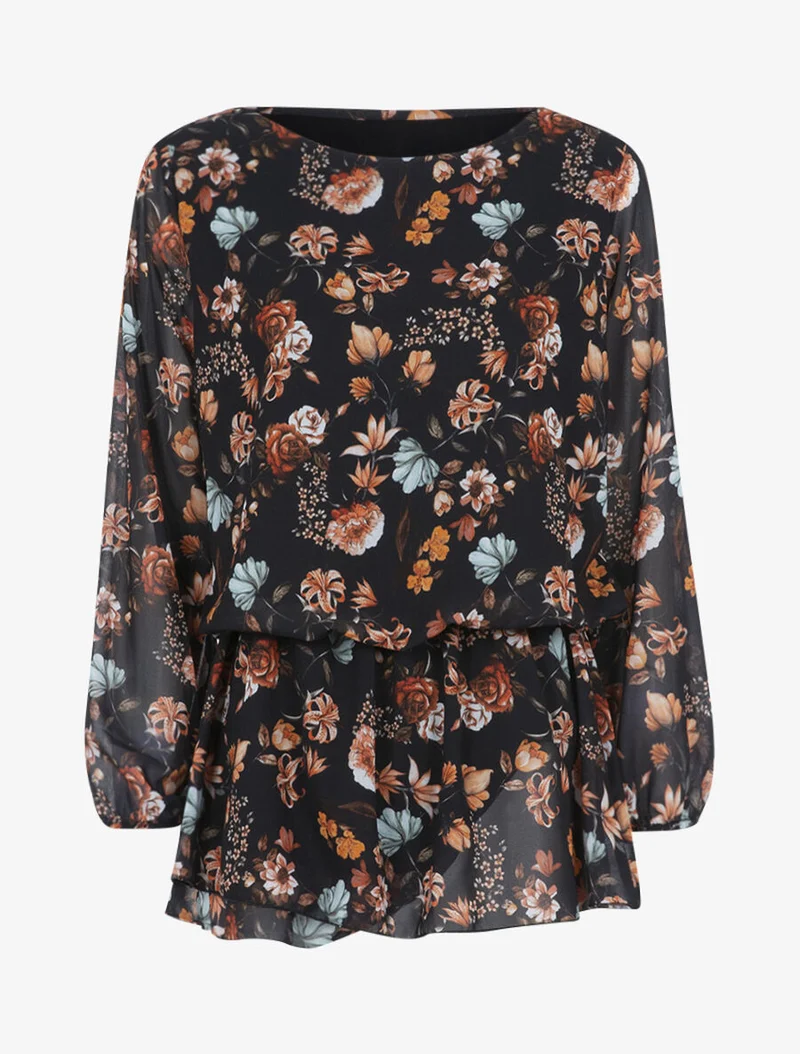 Top style tunique fleurie - Noir