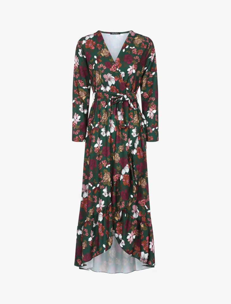 Robe volantée à imprimé fleurs d'automne - Vert foncé