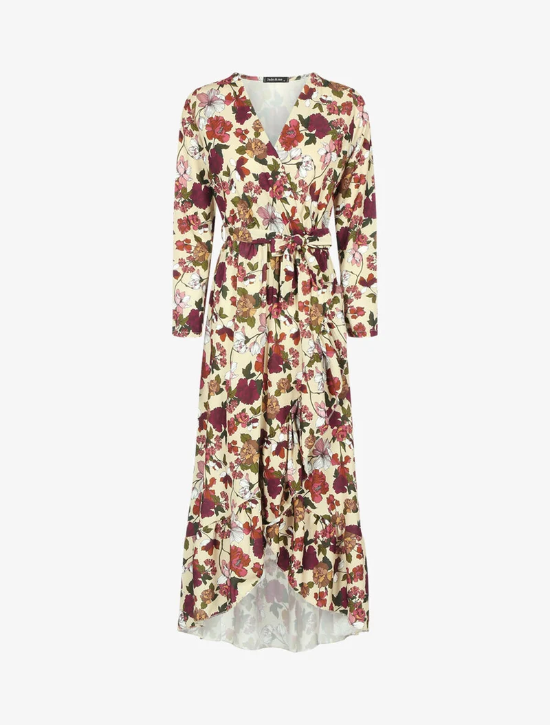 Robe volantée à imprimé fleurs d'automne - Beige
