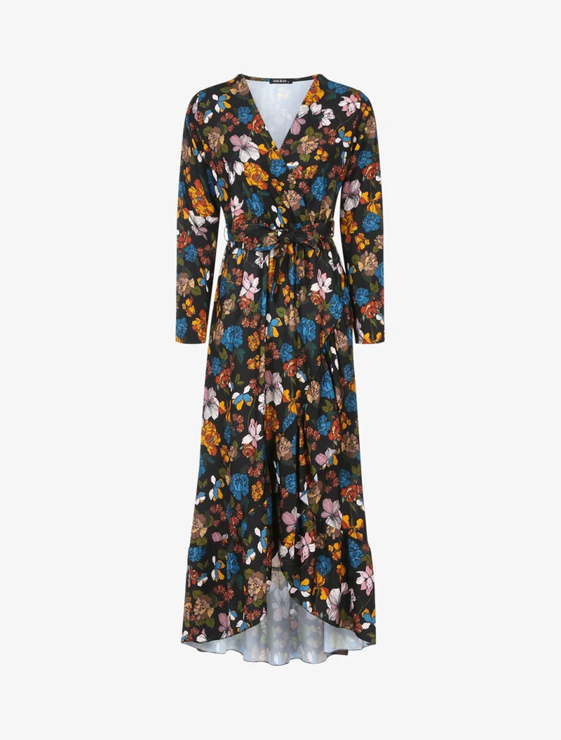 Robe volantée à imprimé fleurs d'automne - Noir