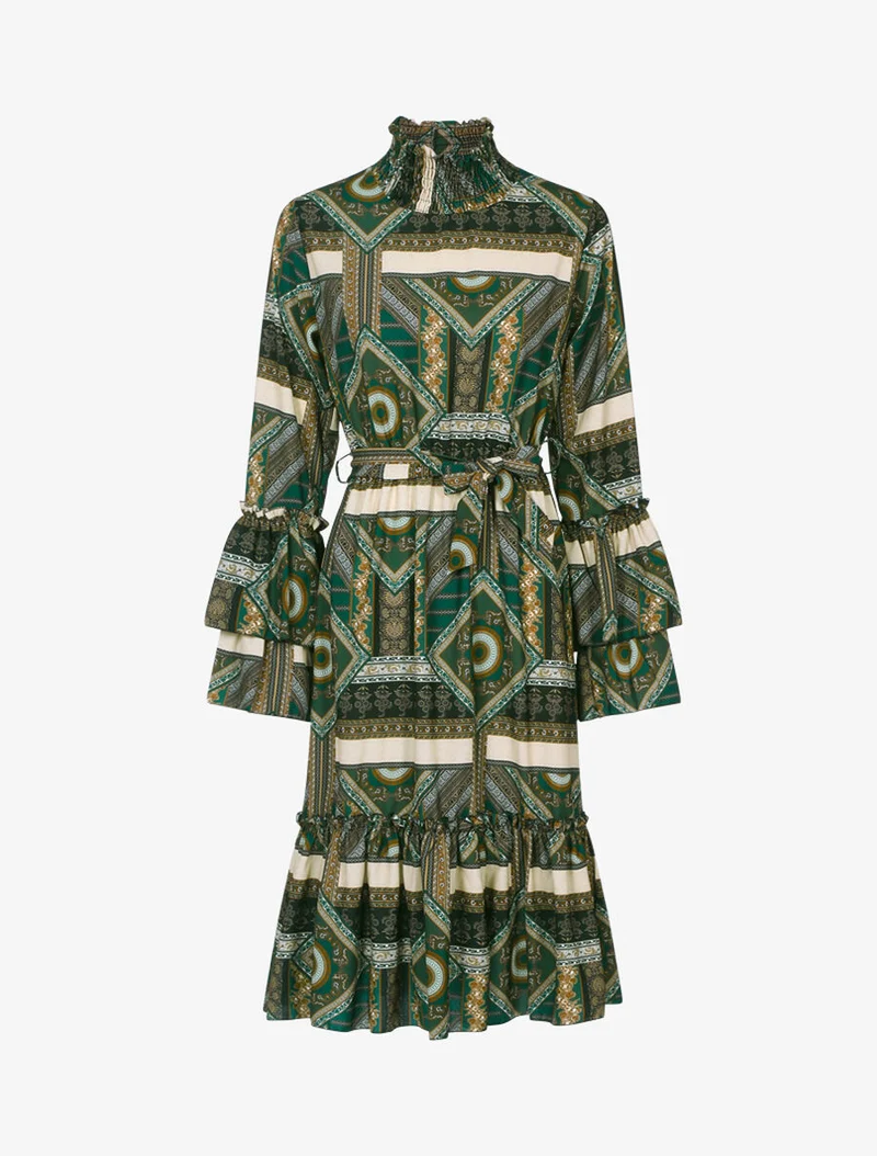 Robe volantée à col montant - Vert foncé