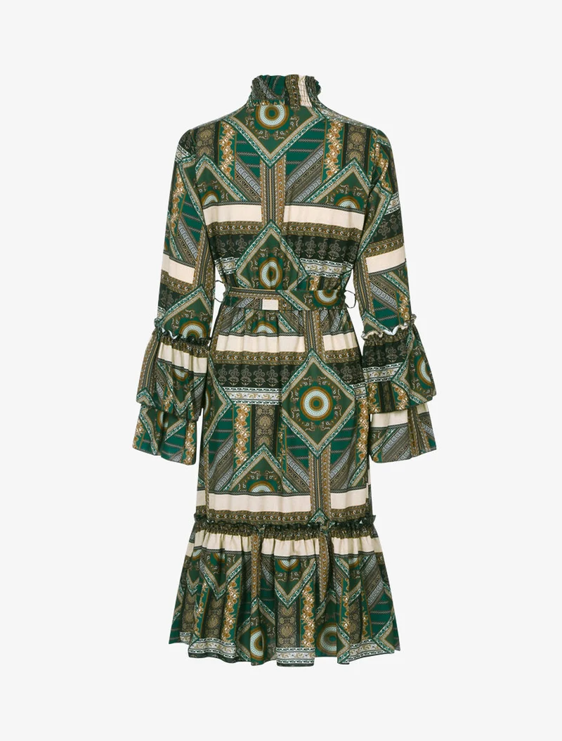 Robe volantée à col montant - Vert foncé