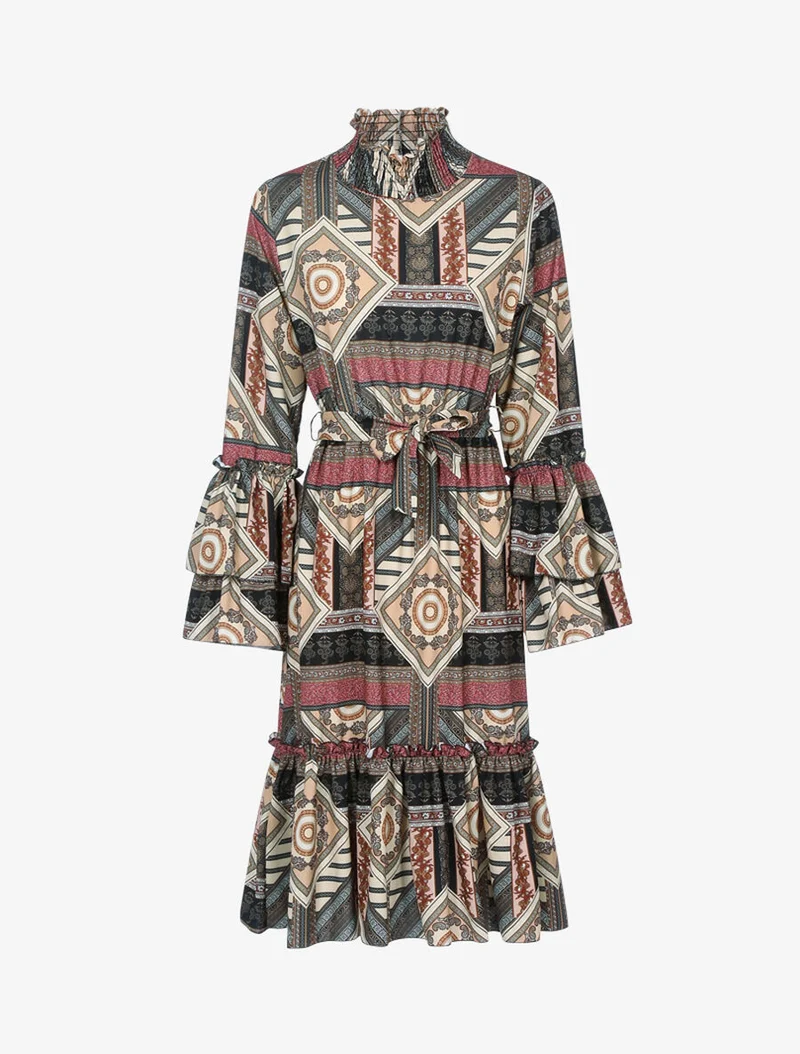 Robe volantée à col montant - Beige