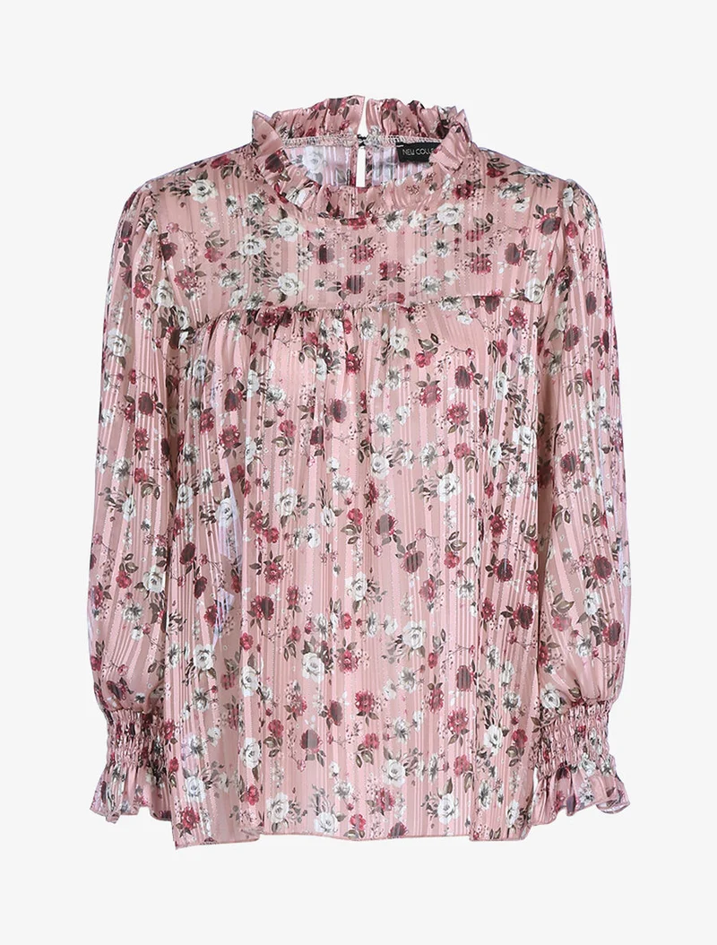 Blouse fleurie à encolure volantée - Rose