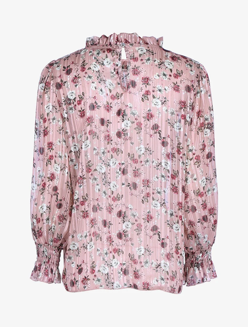 Blouse fleurie à encolure volantée - Rose