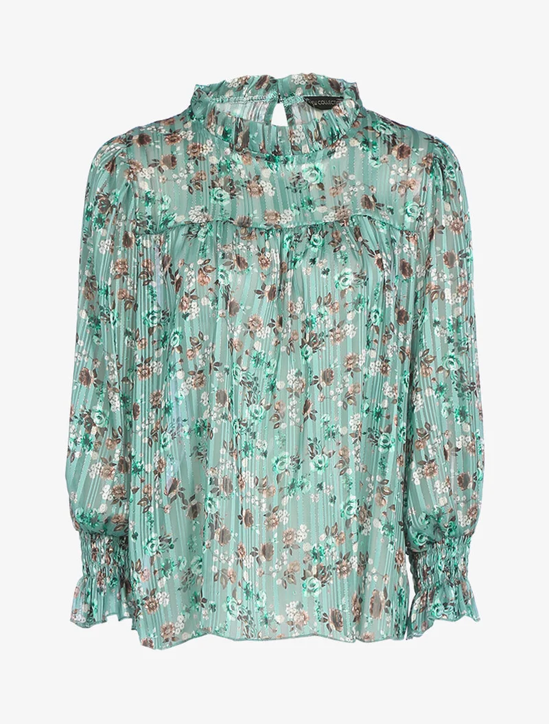 Blouse fleurie à encolure volantée - Vert