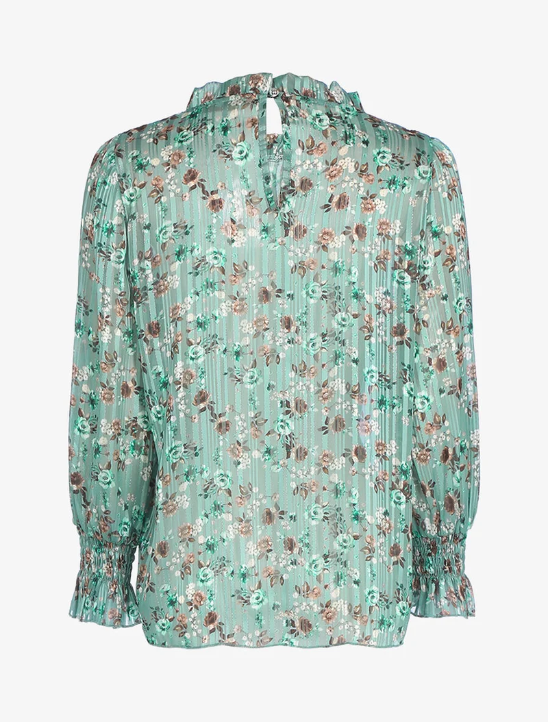 Blouse fleurie à encolure volantée - Vert