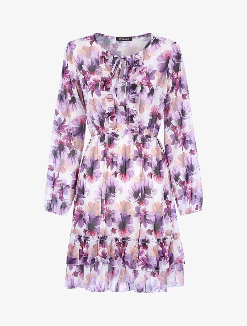 Robe fleurie à volants - Blanc/violet