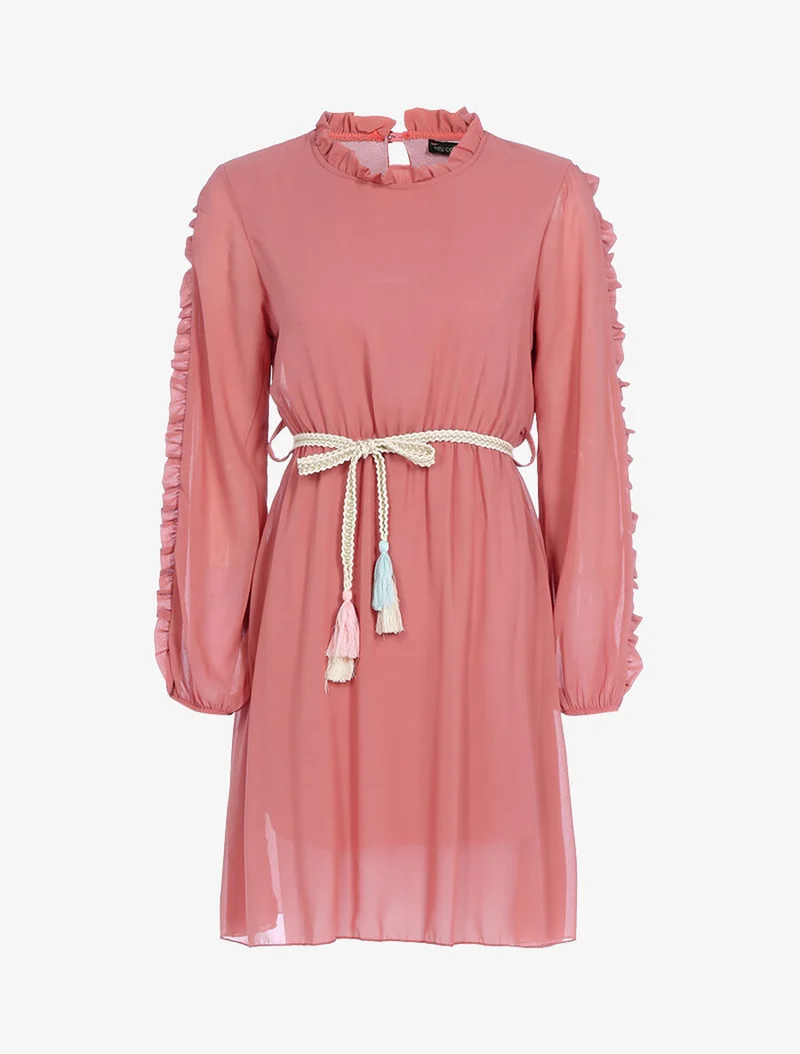 Robe en voile fin et manches volantées - Rose foncé