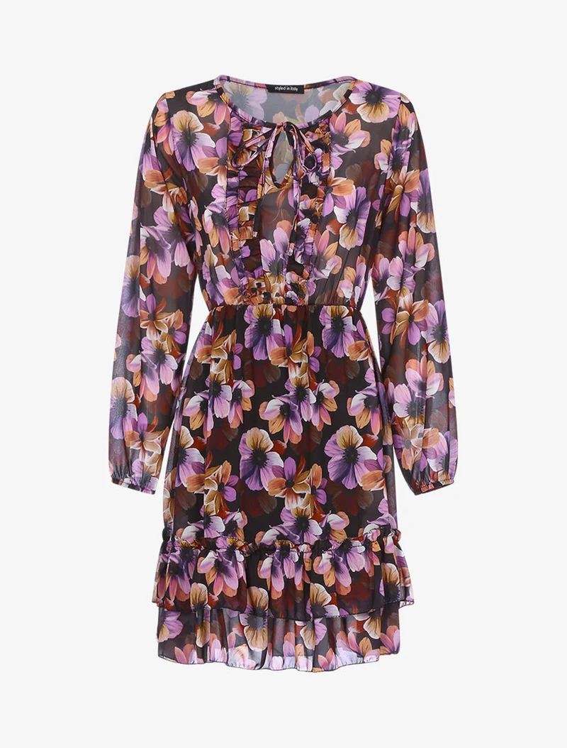 Robe fleurie à volants - Noir/violet