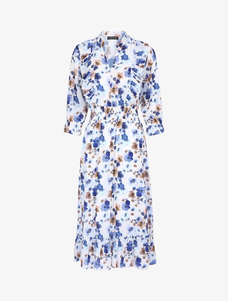 Robe fleurie à bandes volantées - Ecru