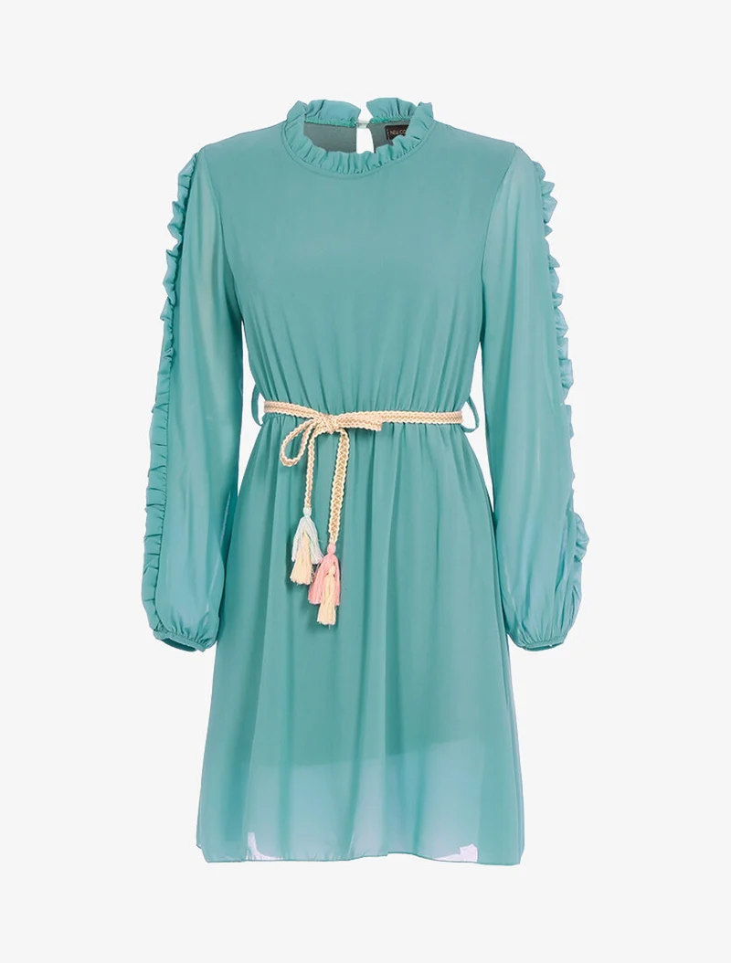 Robe en voile fin et manches volantées - Vert d'eau