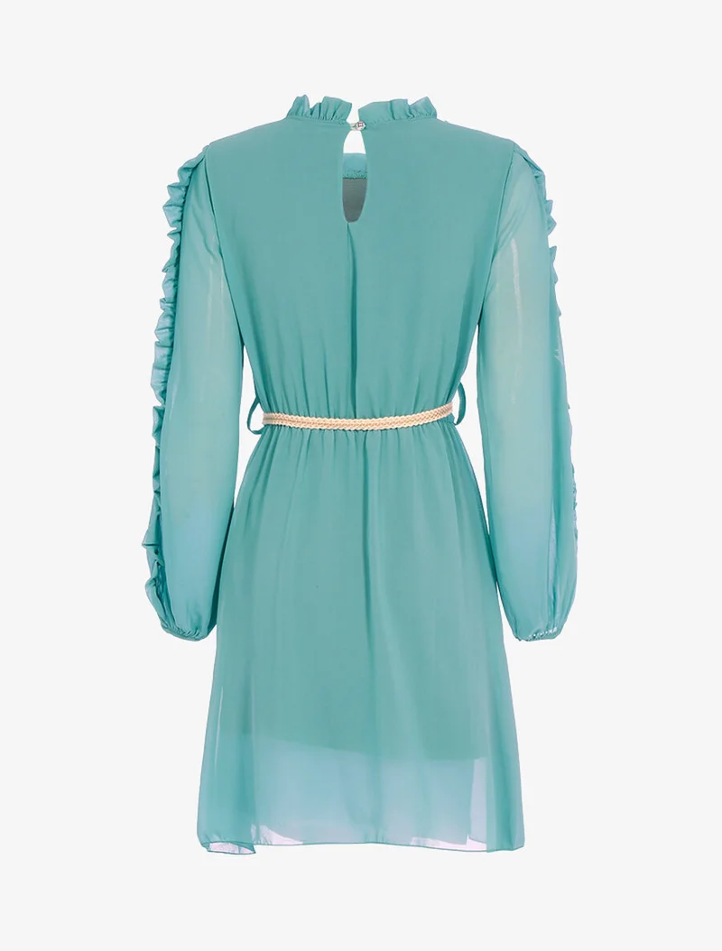Robe en voile fin et manches volantées - Vert d'eau