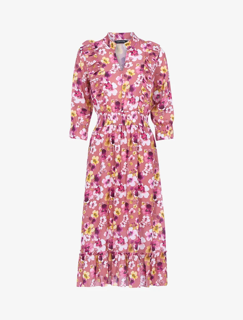Robe fleurie à bandes volantées - Rose foncé
