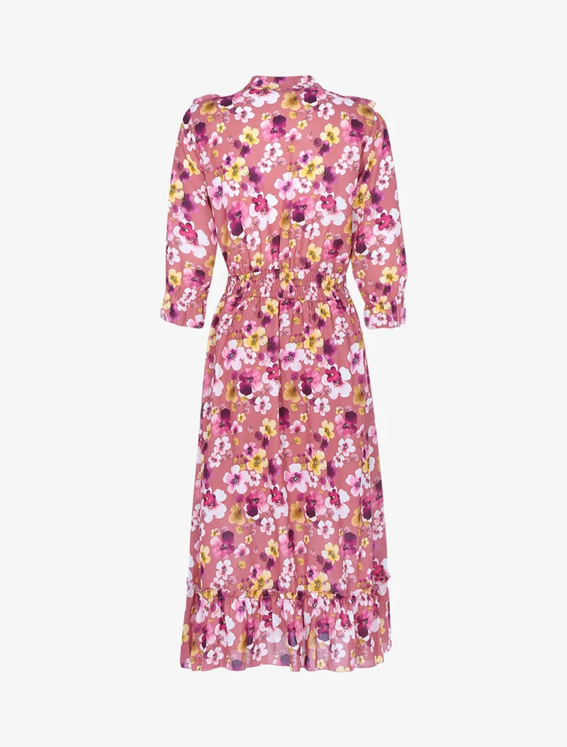 Robe fleurie à bandes volantées - Rose foncé