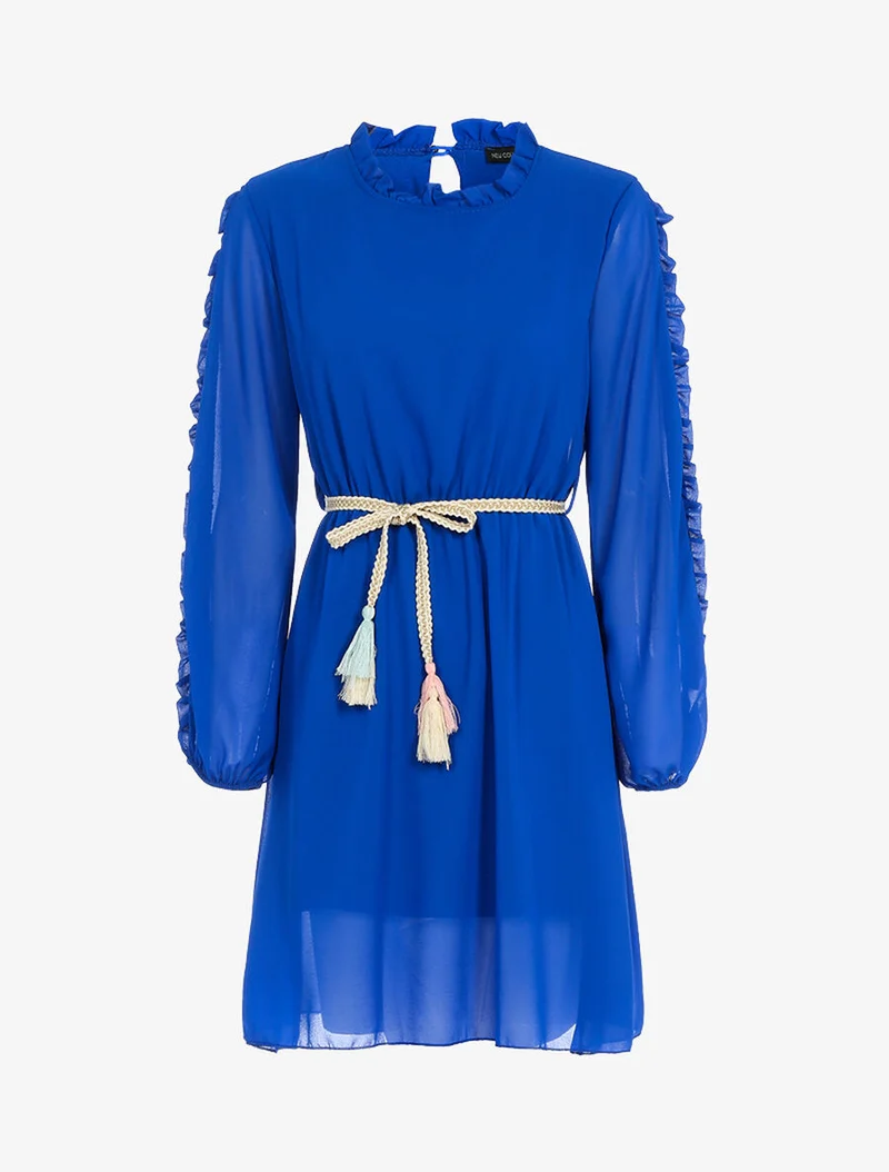 Robe en voile fin et manches volantées - Bleu électrique