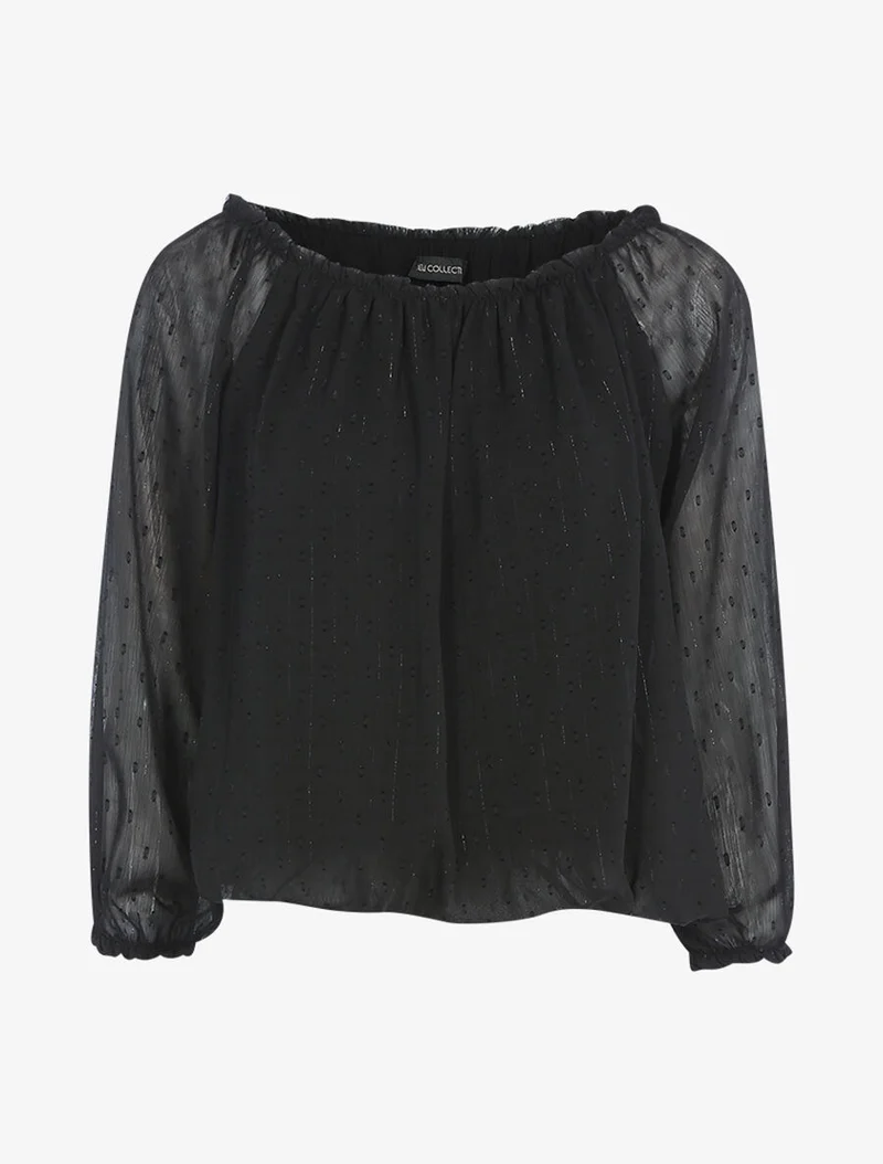 Blouse col élastiqué en voile fin - Noir