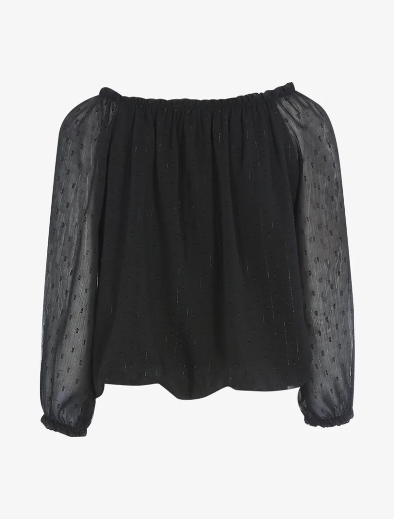 Blouse col élastiqué en voile fin - Noir
