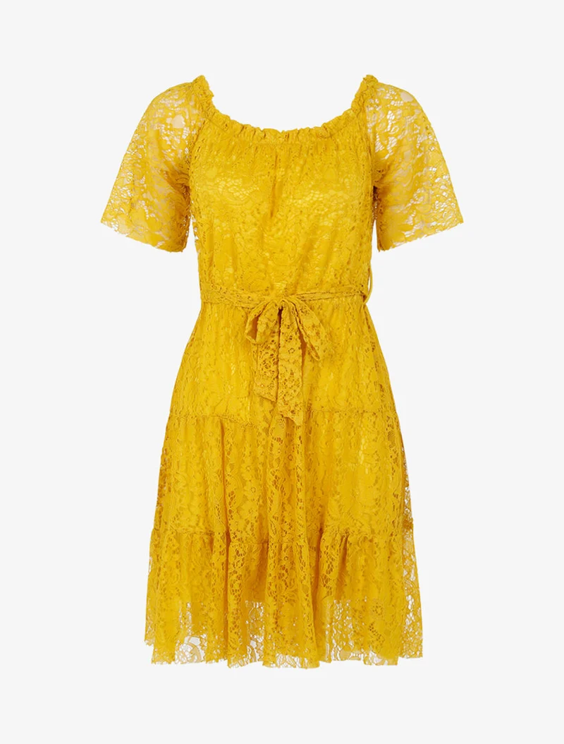 Robe en dentelle fleurie doublée - Jaune