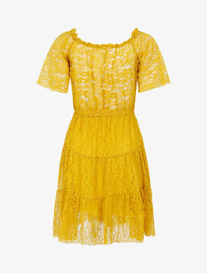 Robe en dentelle fleurie doublée - Jaune