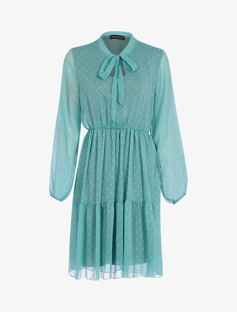 Robe à col lavallière et à pois brodés - Turquoise