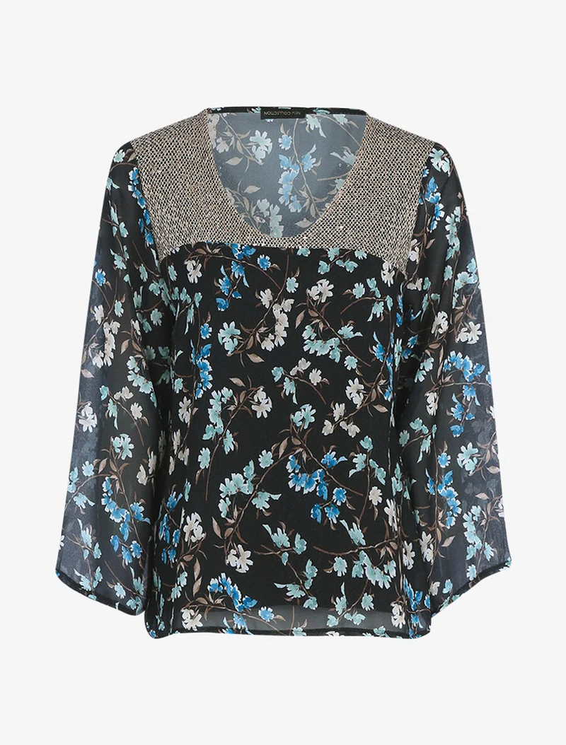 Top à imprimé champêtre et sequins - Noir