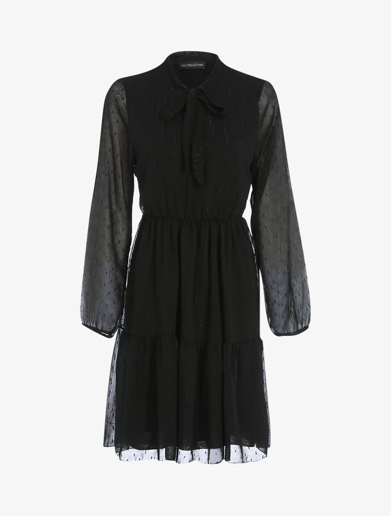 Robe à col lavallière et à pois brodés - Noir