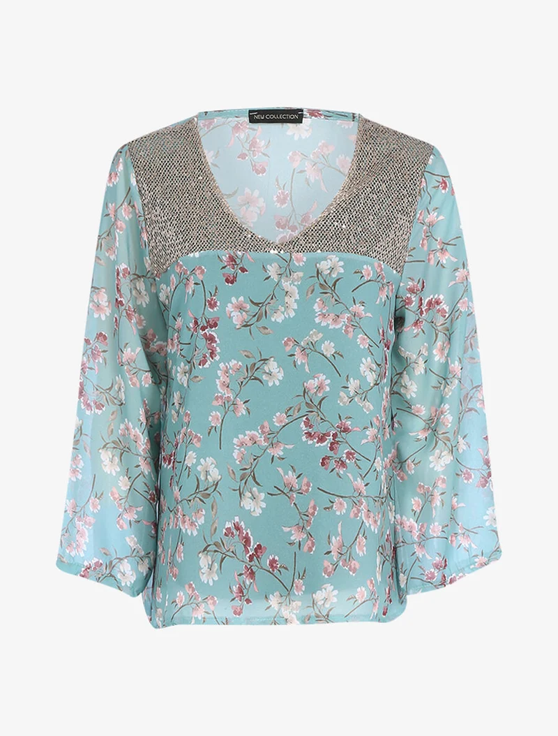 Top à imprimé champêtre et sequins - Vert d'eau