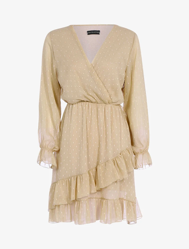 Robe volantée à pois brodés - Beige
