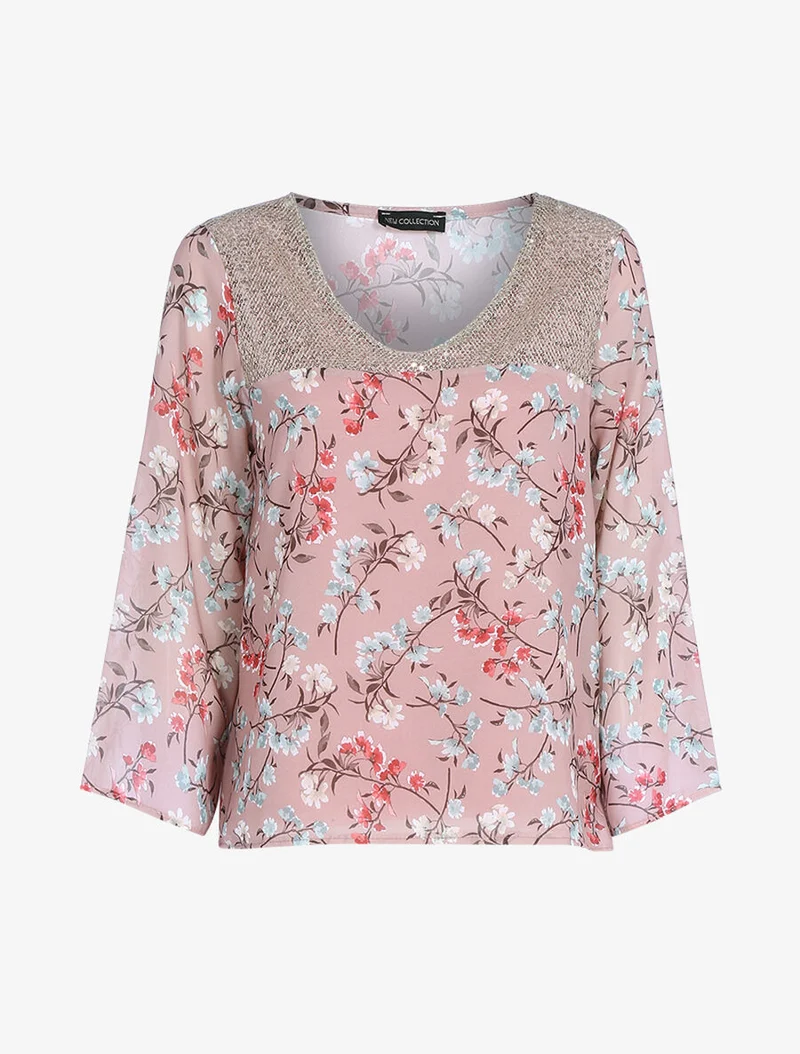 Top à imprimé champêtre et sequins - Rose