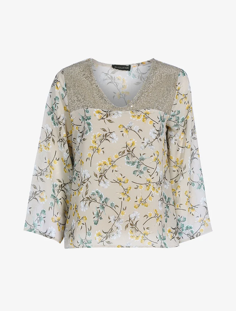Top à imprimé champêtre et sequins - Beige