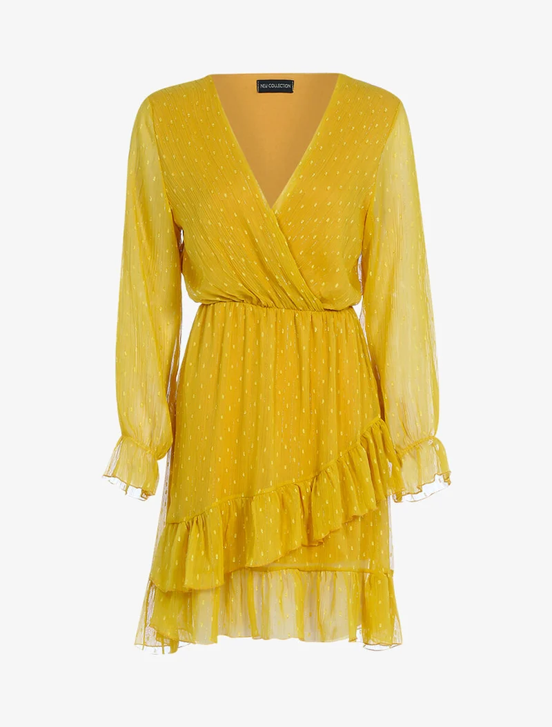 Robe volantée à pois brodés - Moutarde