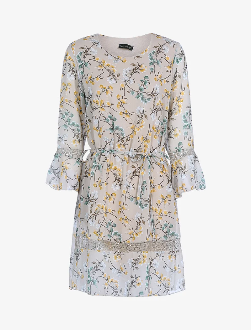 Robe à imprimé champêtre et sequins - Beige