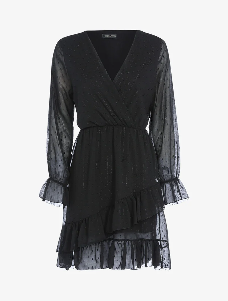 Robe volantée à pois brodés - Noir