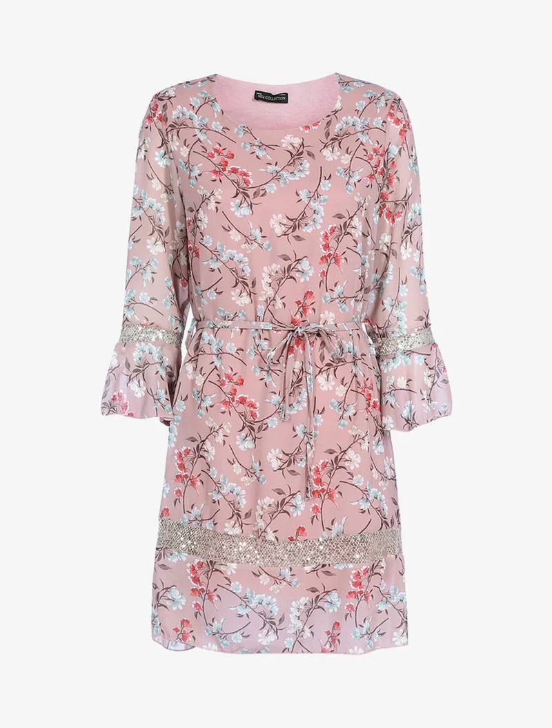 Robe à imprimé champêtre et sequins - Rose