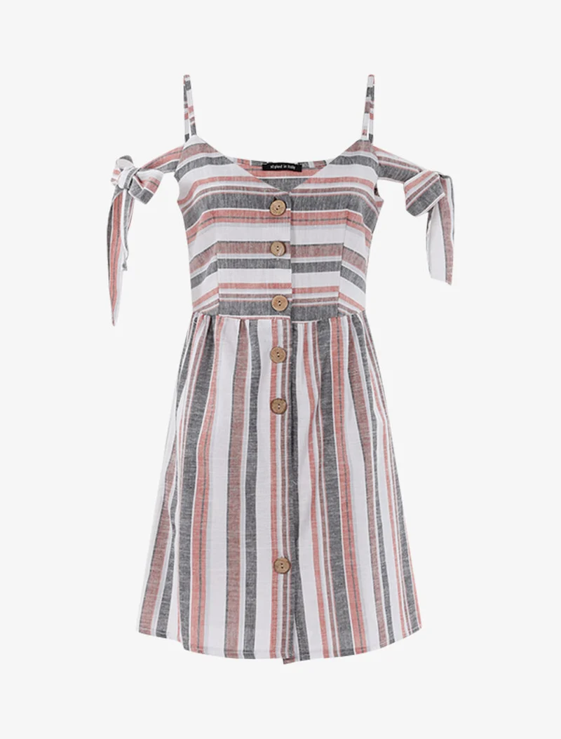 Robe en lin mélangé épaules à nouer - Rouge/noir/blanc