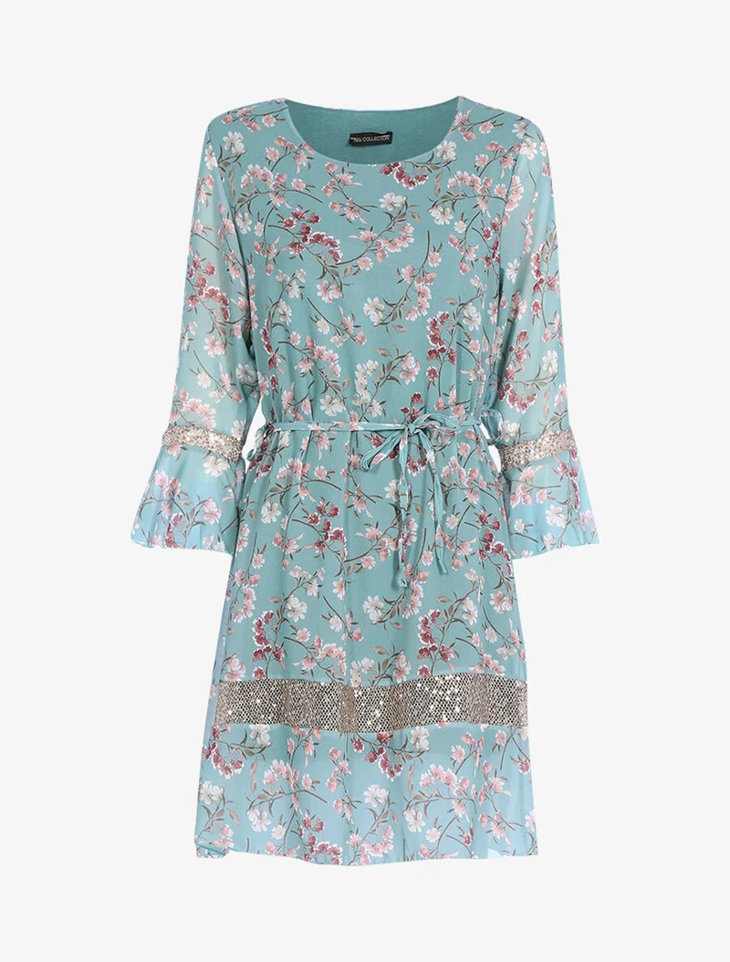 Robe à imprimé champêtre et sequins - Vert d'eau