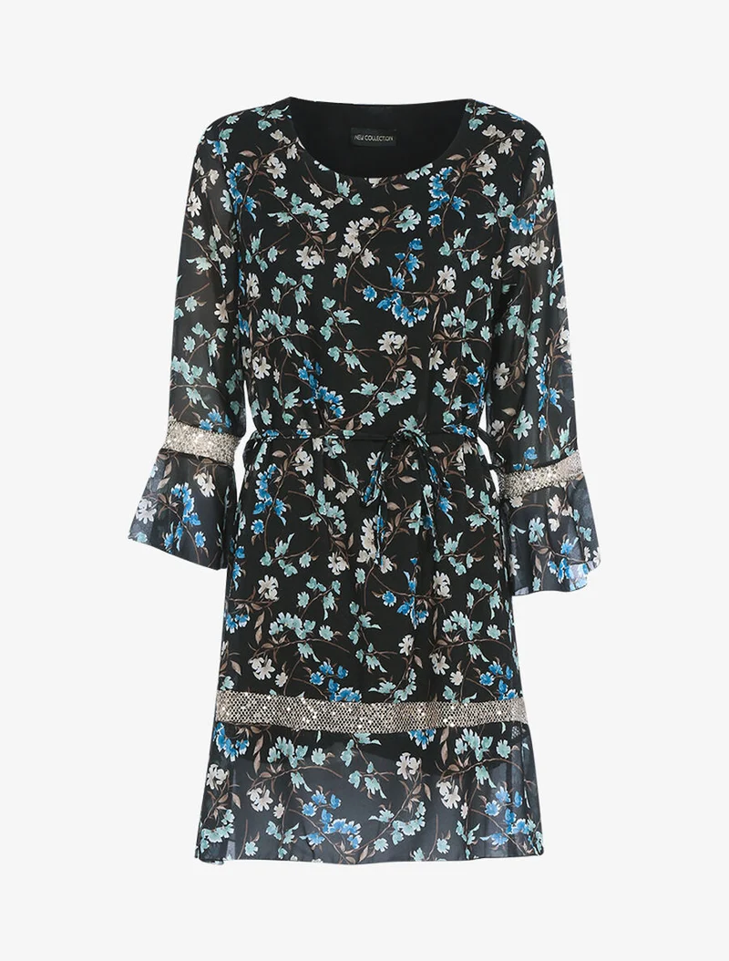 Robe à imprimé champêtre et sequins - Noir