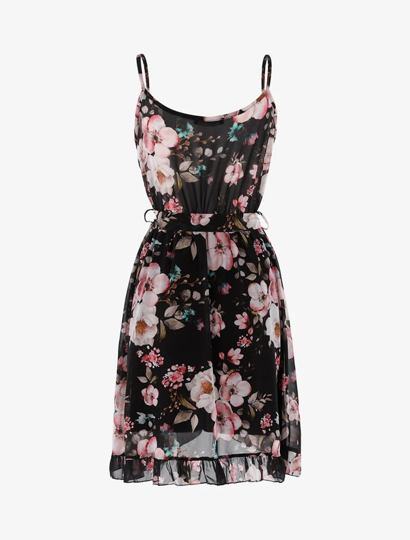 Robe portefeuille fleurie à jabot - Noir/rose