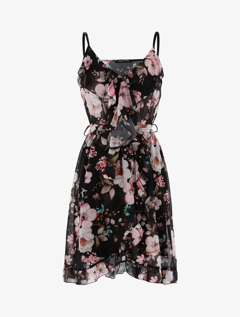 Robe portefeuille fleurie à jabot - Noir/rose