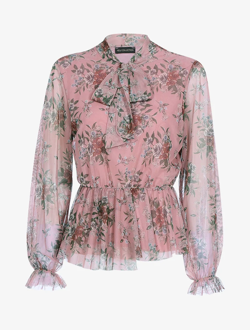 Blouse péplum à col lavallière - Rose