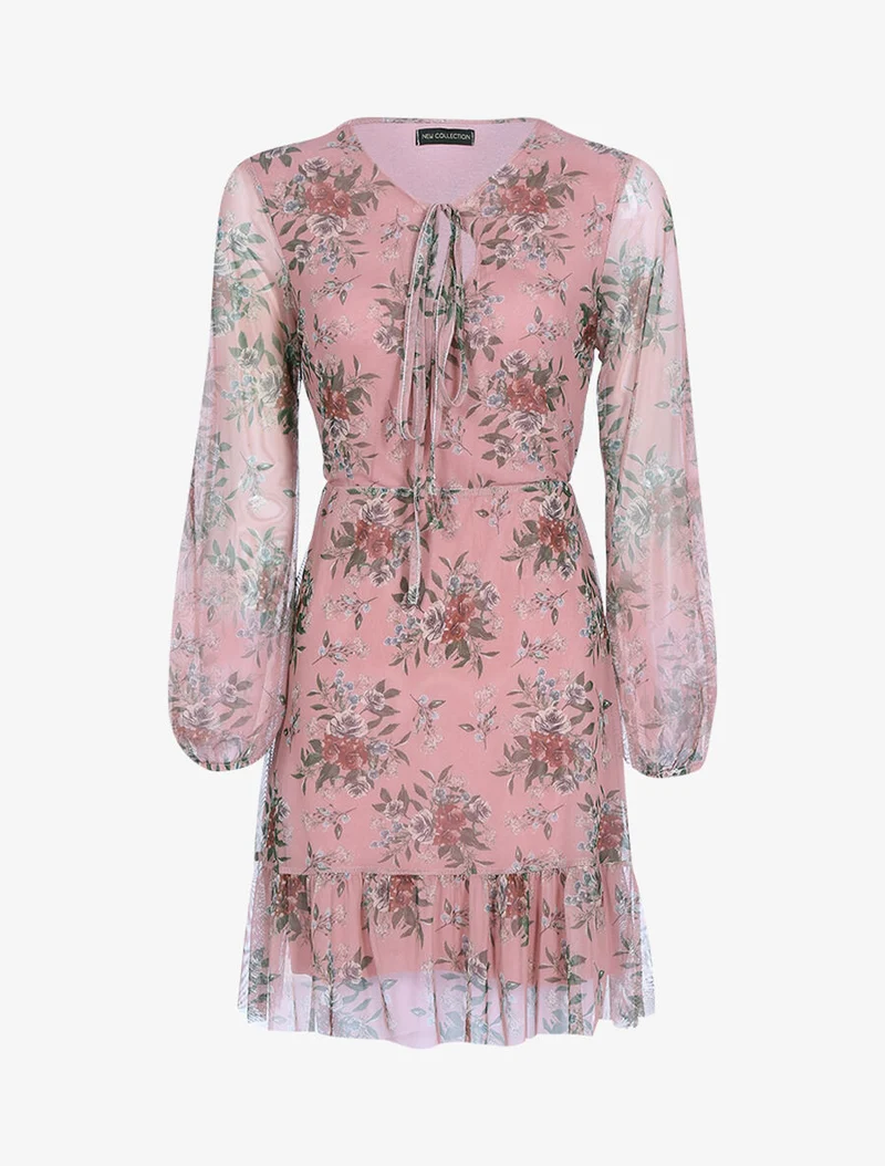 Robe en voile imprimé taille élastiquée - Rose